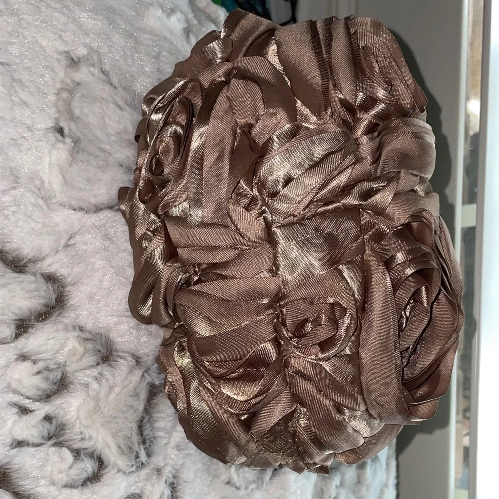 Chic Satin Rosettes Clutch handbag Taupe w oversized rhinestones holder & chain